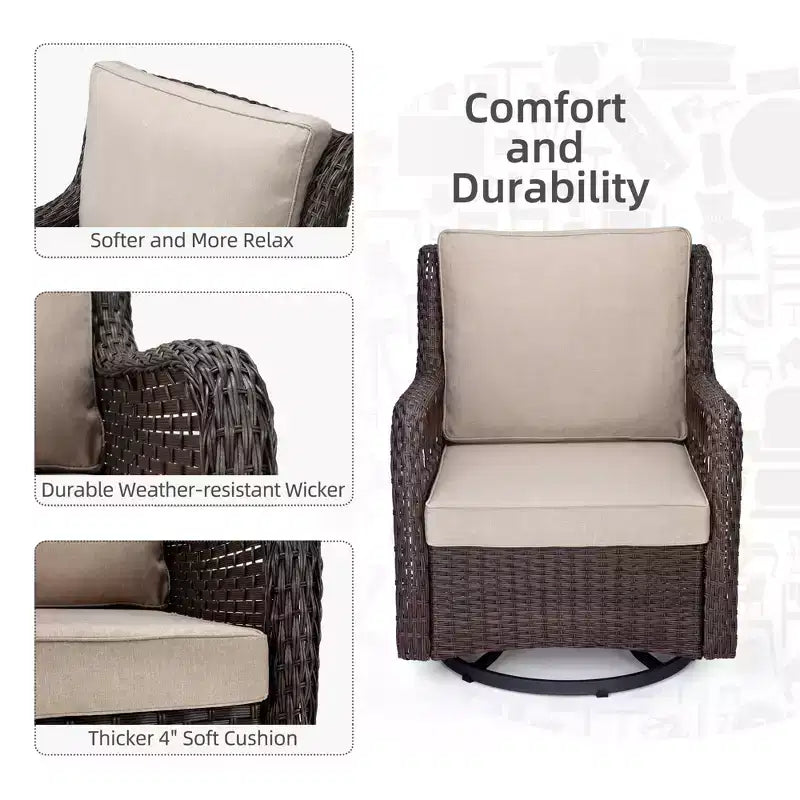 COZONY 3-Piece Outdoor Wicker Swivel Rocker Patio Set with 360 Swivel Rocking Chairs & Tempered Glass Side Table for Balcony Garden Deck