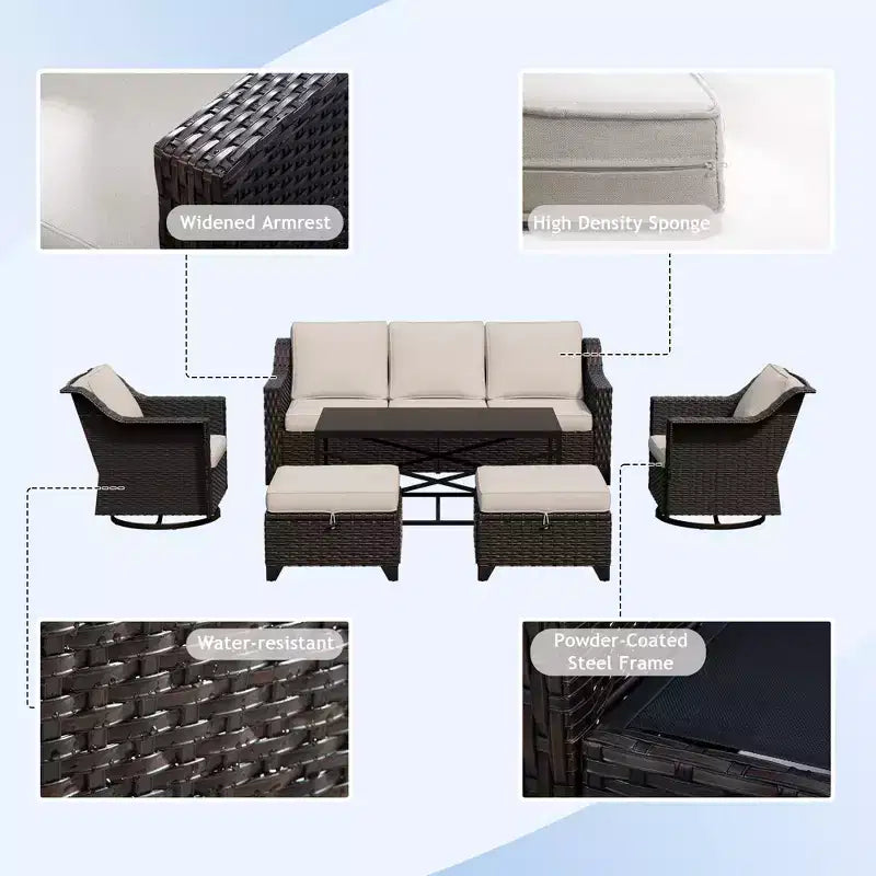 UPTIOT 6-Piece Outdoor Patio Set: 2 Swivel Chairs, 3-Seat Sofa, Coffee Table & 2 Ottomans