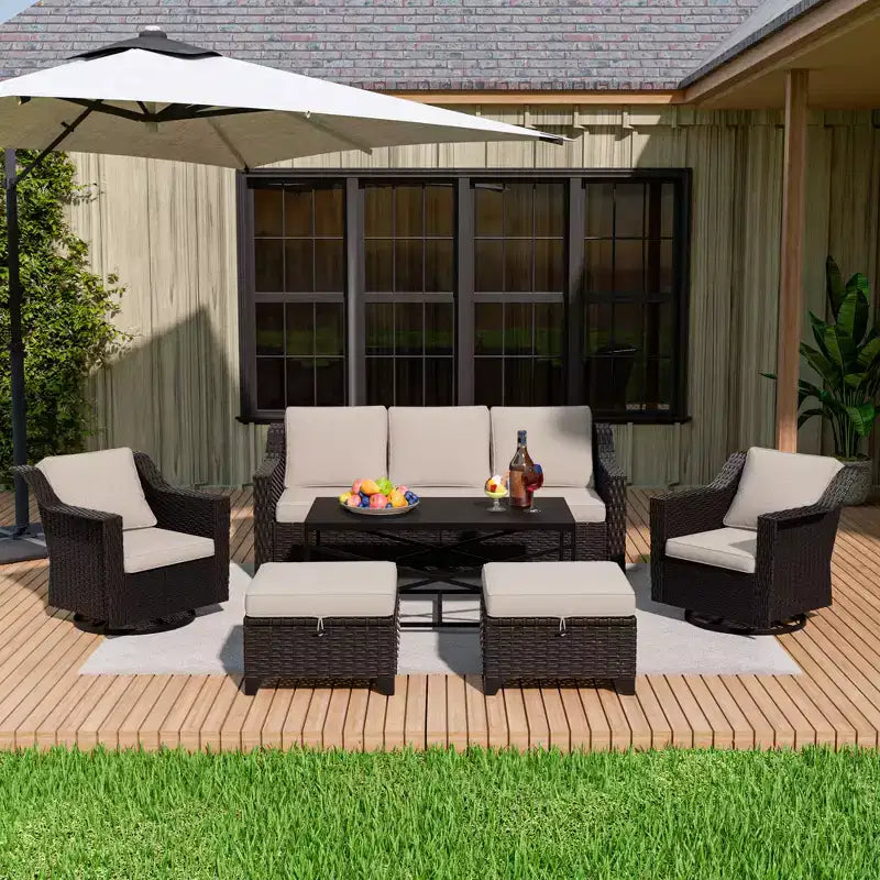UPTIOT 6-Piece Outdoor Patio Set: 2 Swivel Chairs, 3-Seat Sofa, Coffee Table & 2 Ottomans
