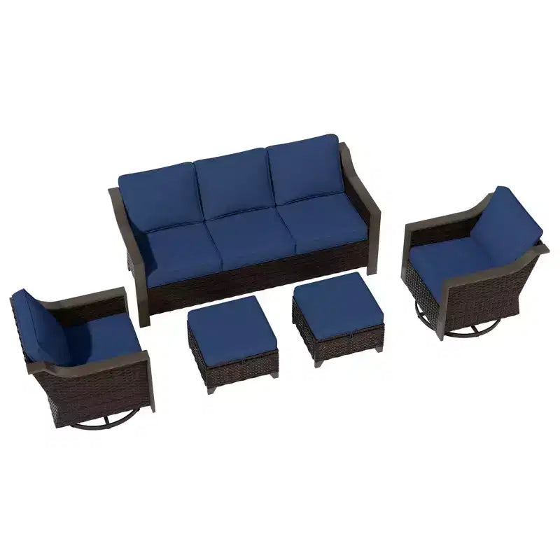 UPTIOT Outdoor Patio Set with 3-Seat Sofa, 2 Swivel Chairs, and 2 Ottomans