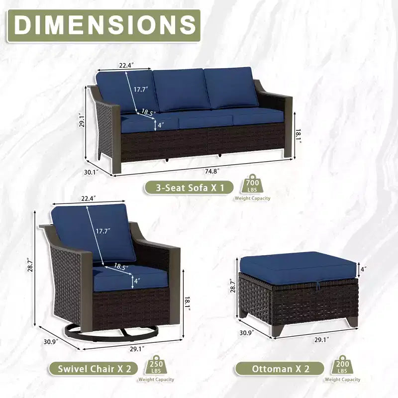 UPTIOT Outdoor Patio Set with 3-Seat Sofa, 2 Swivel Chairs, and 2 Ottomans