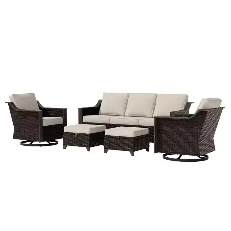 UPTIOT Outdoor Patio Set with 3-Seat Sofa, 2 Swivel Chairs, and 2 Ottomans