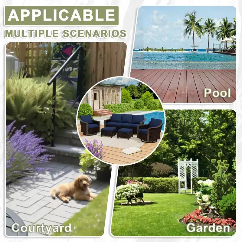 UPTIOT Outdoor Patio Set with 3-Seat Sofa, 2 Swivel Chairs, and 2 Ottomans