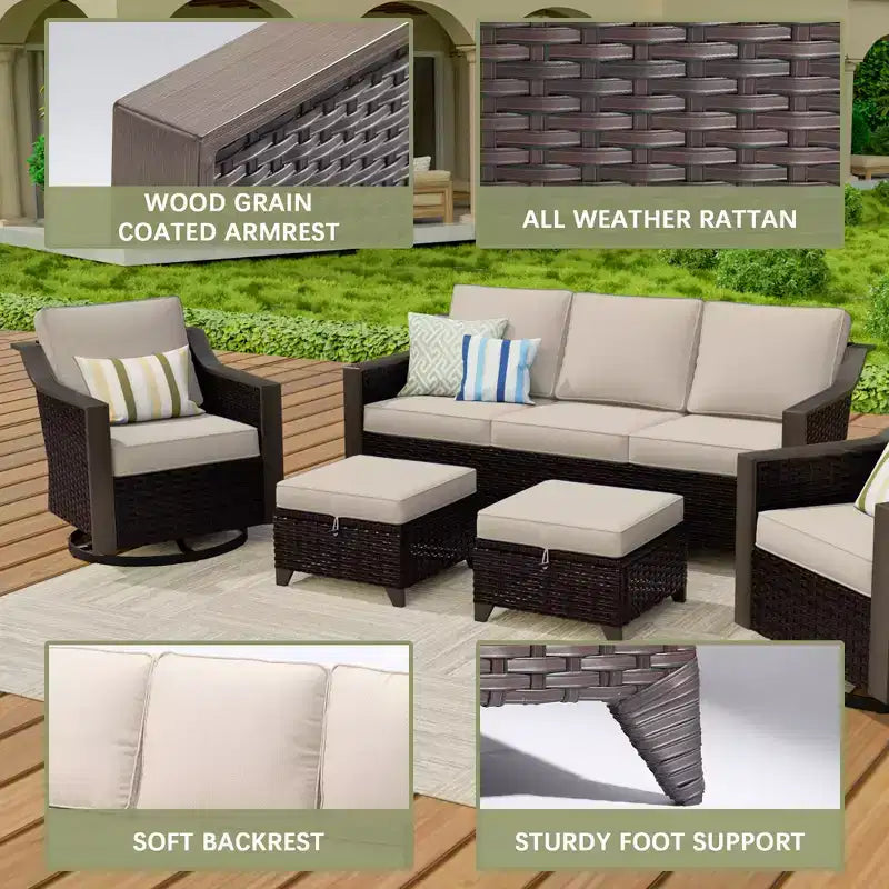 UPTIOT Outdoor Patio Set with 3-Seat Sofa, 2 Swivel Chairs, and 2 Ottomans