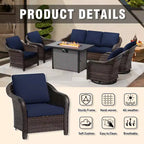 UPTIOT 6-Piece Outdoor Set with 3-Seat Sofa, 2 Swivel Chairs, 2 Single Chairs & 50,000 BTU Brown Fire Table