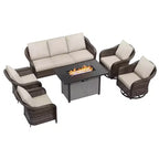 UPTIOT 6-Piece Outdoor Set with 3-Seat Sofa, 2 Swivel Chairs, 2 Single Chairs & 50,000 BTU Brown Fire Table