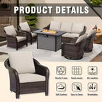 UPTIOT 6-Piece Outdoor Set with 3-Seat Sofa, 2 Swivel Chairs, 2 Single Chairs & 50,000 BTU Brown Fire Table