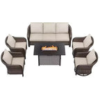 UPTIOT 6-Piece Outdoor Set with 3-Seat Sofa, 2 Swivel Chairs, 2 Single Chairs & 50,000 BTU Brown Fire Table