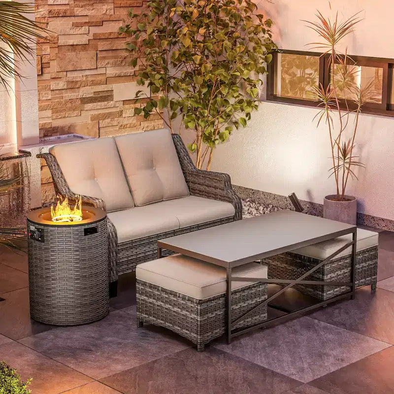 UPTIOT Outdoor Lounge Set with Fire Pit & Ottoman Seating