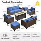 HOMLUX 7 Pieces Wicker Conversation Set, 3-Seat Sofa, Loveseat, Rattan Chairs, Ottomans & Firepit for Garden Backyard