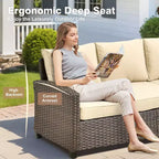 HOMLUX 7 Pieces Wicker Conversation Set, 3-Seat Sofa, Loveseat, Rattan Chairs, Ottomans & Firepit for Garden Backyard