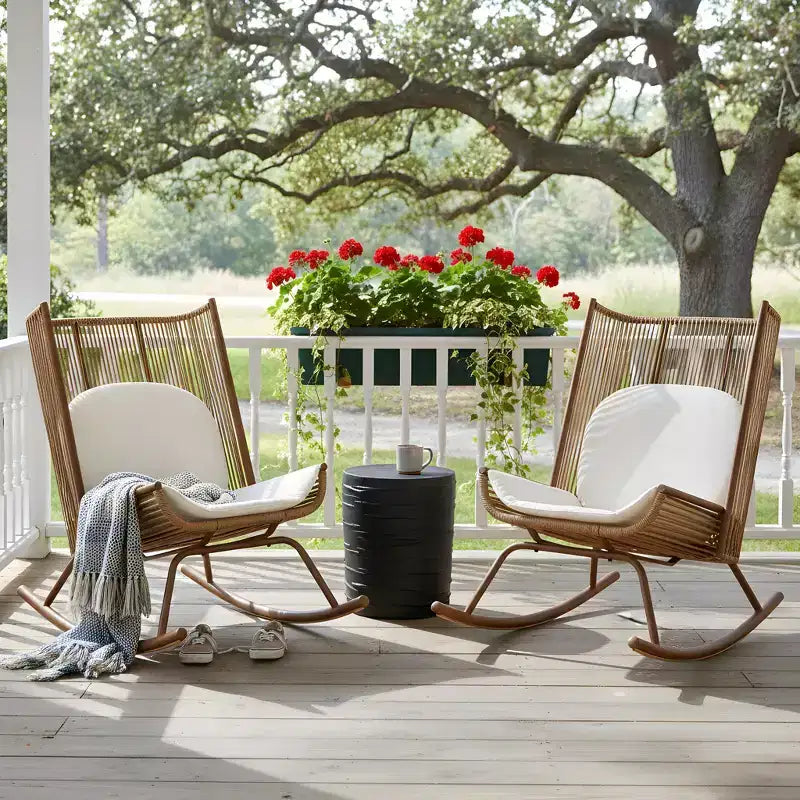 Christopher Knight Home Tanvi Farmhouse 3 Piece Patio Dining Set with Lightweight Concrete Table and Iron Rocking Chairs