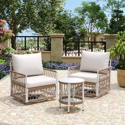 Ensemble de conversation d’extérieur 3 pièces pour 2 personnes, mobilier de jardin avec 2 fauteuils inclinables, table d’appoint en verre et coussin imperméable - ModernLuxe