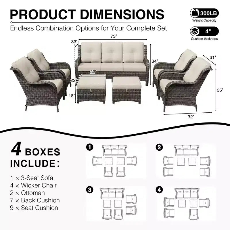 UPTIOT All-Weather Olefin Wicker Sofa & Chair Set with Multi-Functional Ottomans