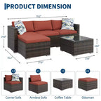 5-Piece All-Weather PE Rattan Wicker Patio Sectional Set - Thick Cushions, Ottoman, Glass Coffee Table, Modular Outdoor Conversation Sofa for Garden