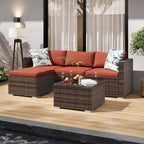 5-Piece All-Weather PE Rattan Wicker Patio Sectional Set - Thick Cushions, Ottoman, Glass Coffee Table, Modular Outdoor Conversation Sofa for Garden