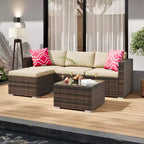 5-Piece All-Weather PE Rattan Wicker Patio Sectional Set - Thick Cushions, Ottoman, Glass Coffee Table, Modular Outdoor Conversation Sofa for Garden