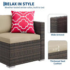5-Piece All-Weather PE Rattan Wicker Patio Sectional Set - Thick Cushions, Ottoman, Glass Coffee Table, Modular Outdoor Conversation Sofa for Garden