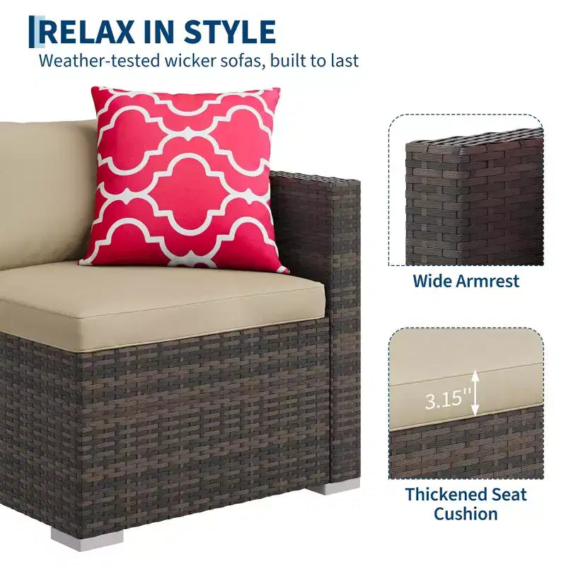 5-Piece All-Weather PE Rattan Wicker Patio Sectional Set - Thick Cushions, Ottoman, Glass Coffee Table, Modular Outdoor Conversation Sofa for Garden