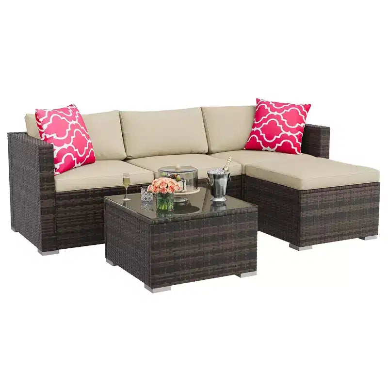 5-Piece All-Weather PE Rattan Wicker Patio Sectional Set - Thick Cushions, Ottoman, Glass Coffee Table, Modular Outdoor Conversation Sofa for Garden