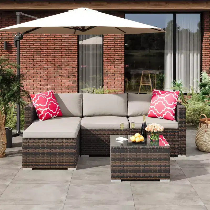 5-Piece All-Weather PE Rattan Wicker Patio Sectional Set - Thick Cushions, Ottoman, Glass Coffee Table, Modular Outdoor Conversation Sofa for Garden