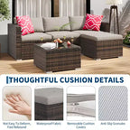 5-Piece All-Weather PE Rattan Wicker Patio Sectional Set - Thick Cushions, Ottoman, Glass Coffee Table, Modular Outdoor Conversation Sofa for Garden