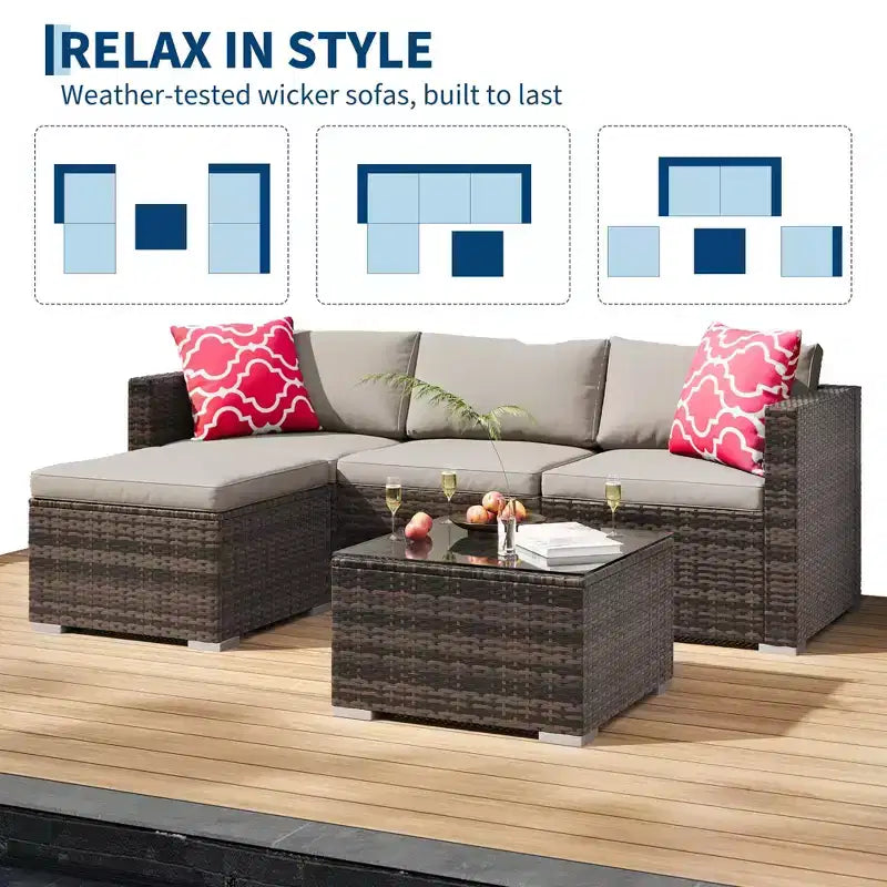 5-Piece All-Weather PE Rattan Wicker Patio Sectional Set - Thick Cushions, Ottoman, Glass Coffee Table, Modular Outdoor Conversation Sofa for Garden