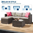 5-Piece All-Weather PE Rattan Wicker Patio Sectional Set - Thick Cushions, Ottoman, Glass Coffee Table, Modular Outdoor Conversation Sofa for Garden