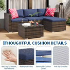 5-Piece All-Weather PE Rattan Wicker Patio Sectional Set - Thick Cushions, Ottoman, Glass Coffee Table, Modular Outdoor Conversation Sofa for Garden