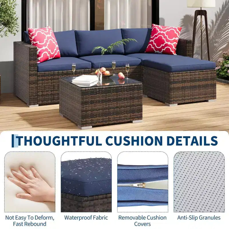 5-Piece All-Weather PE Rattan Wicker Patio Sectional Set - Thick Cushions, Ottoman, Glass Coffee Table, Modular Outdoor Conversation Sofa for Garden