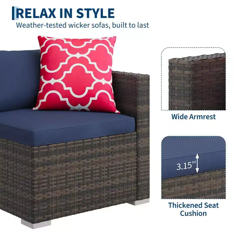 5-Piece All-Weather PE Rattan Wicker Patio Sectional Set - Thick Cushions, Ottoman, Glass Coffee Table, Modular Outdoor Conversation Sofa for Garden