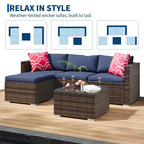 5-Piece All-Weather PE Rattan Wicker Patio Sectional Set - Thick Cushions, Ottoman, Glass Coffee Table, Modular Outdoor Conversation Sofa for Garden