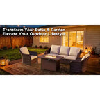 UPTIOT All-Weather Outdoor Lounge Set with Fire Pit - 1 Sofa, 2 Chairs & Fire Table