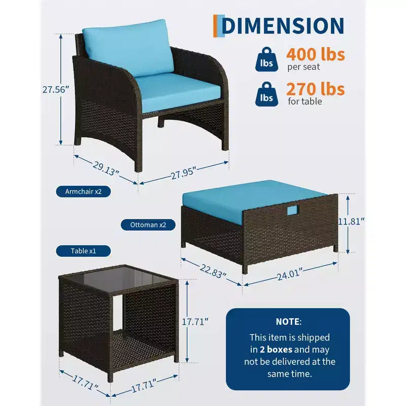 5-Piece Patio Conversation Set, Outdoor Wicker Furniture with Tempered Glass Coffee Table, Chairs with Ottomans & Cushions for Garden, Backyard