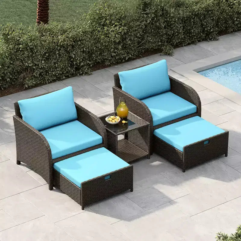 5-Piece Patio Conversation Set, Outdoor Wicker Furniture with Tempered Glass Coffee Table, Chairs with Ottomans & Cushions for Garden, Backyard