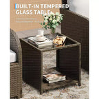 5-Piece Patio Conversation Set, Outdoor Wicker Furniture with Tempered Glass Coffee Table, Chairs with Ottomans & Cushions for Garden, Backyard