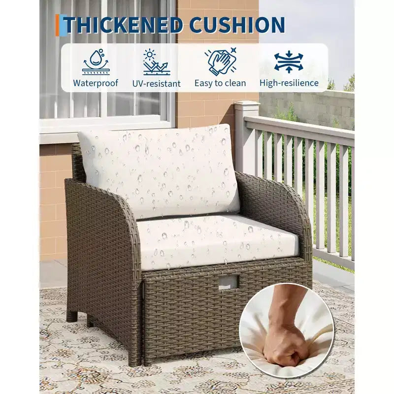 5-Piece Patio Conversation Set, Outdoor Wicker Furniture with Tempered Glass Coffee Table, Chairs with Ottomans & Cushions for Garden, Backyard