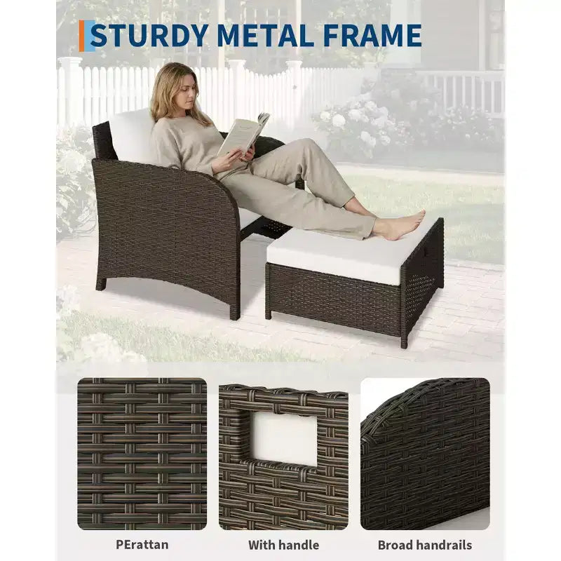 5-Piece Patio Conversation Set, Outdoor Wicker Furniture with Tempered Glass Coffee Table, Chairs with Ottomans & Cushions for Garden, Backyard