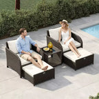 5-Piece Patio Conversation Set, Outdoor Wicker Furniture with Tempered Glass Coffee Table, Chairs with Ottomans & Cushions for Garden, Backyard