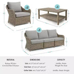 Martha Stewart All-Weather Rattan Wicker Patio Sofa, 2 Chairs,Coffee Table - Weathered Gray