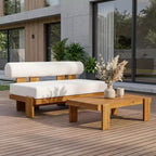 Christopher Knight Home Ishaan Modern 2 Piece Acacia Upholstered Patio Loveseat and Slatted Coffee Table Set