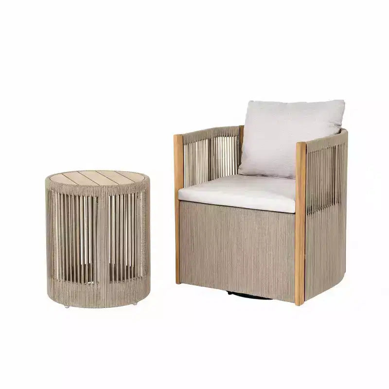 ModernLuxe 2/3-Piece Outdoor Swivel Conversation Set, Rope Wicker Swivel Chairs & Acacia Wood Side Table, Small Space Patio Furniture Set