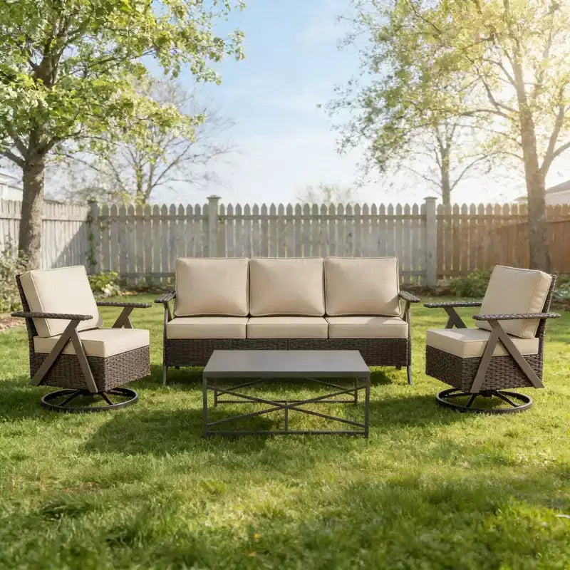Ensemble de mobilier de patio Bestier, ensemble de conversation d'extérieur avec canapé-fauteuils à coussins épais et table basse pour jardin, cour et véranda