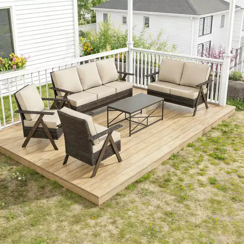 Ensemble de mobilier de patio Bestier, ensemble de conversation d'extérieur avec canapé-fauteuils à coussins épais et table basse pour jardin, cour et véranda