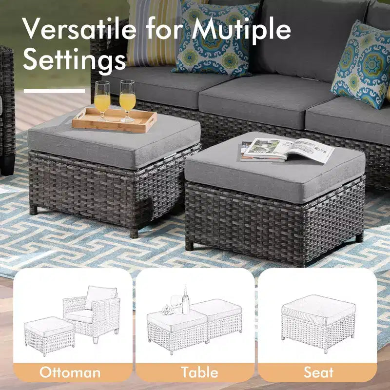 HOMLUX Outdoor 6-Piece Sofa Set w/ Ottomans & Rattan Coffee Table, Ergonomic Gray Design