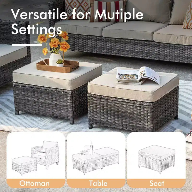 HOMLUX Outdoor 6-Piece Sofa Set w/ Ottomans & Rattan Coffee Table, Ergonomic Gray Design