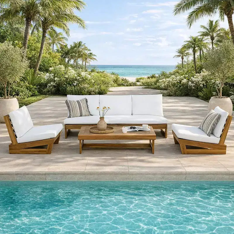 Christopher Knight Home Iman Modern 4 Piece Patio Acacia Seating Set with Cushion and Slatted Coffee Table