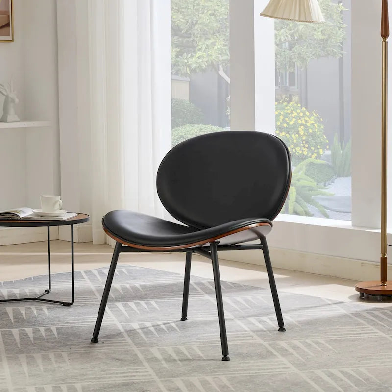 Mid-Century Modern Shell Chair Single Side Chair Tripod Black Leather Lounge Chair in Walnut Finish Comfortable Backrest