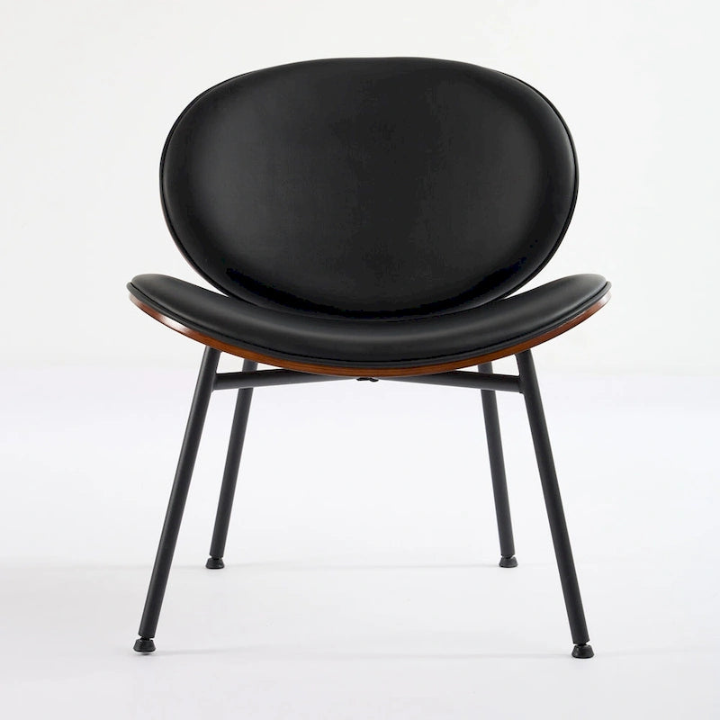 Mid-Century Modern Shell Chair Single Side Chair Tripod Black Leather Lounge Chair in Walnut Finish Comfortable Backrest