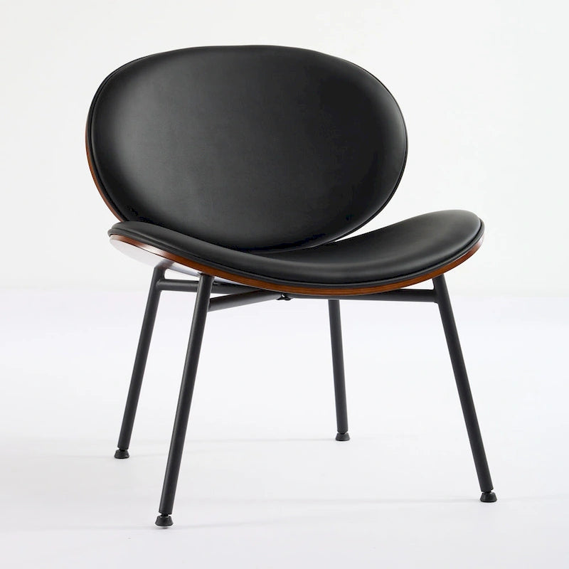Mid-Century Modern Shell Chair Single Side Chair Tripod Black Leather Lounge Chair in Walnut Finish Comfortable Backrest